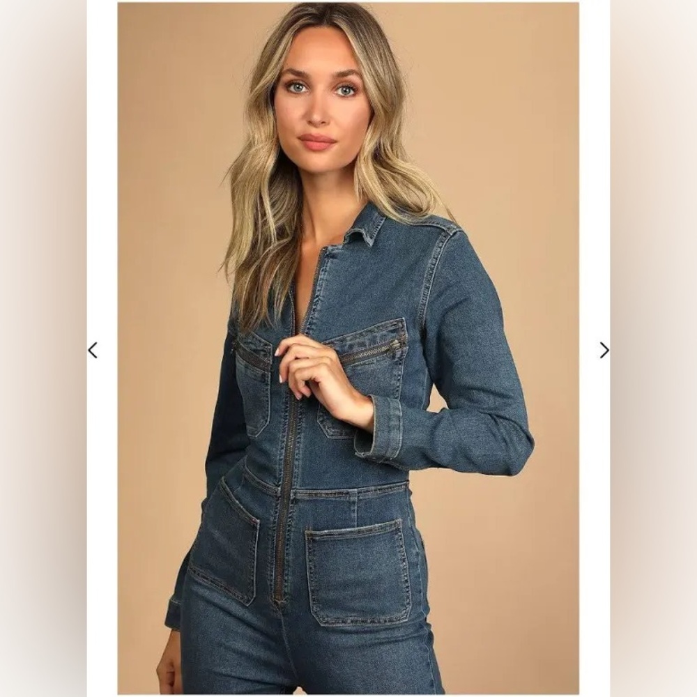 Free People Lennox Dark Blue Wash Stretch Denim Skinny Utility Jumpsuit, L